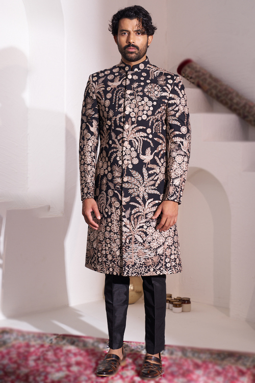 Embroidered Black Silk Achkan Style Men's Sherwani