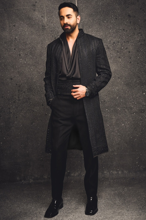 Embroidered Black Silk Men's Jacket Style Sherwani