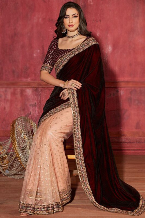 Embroidered Border Velvet Maroon And Peach Saree