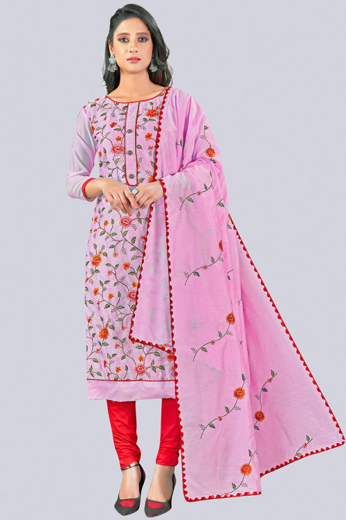 Embroidered Chanderi Taffy Pink Churidar Suit