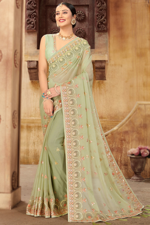  Embroidered Chiffon Pistachio Green Saree