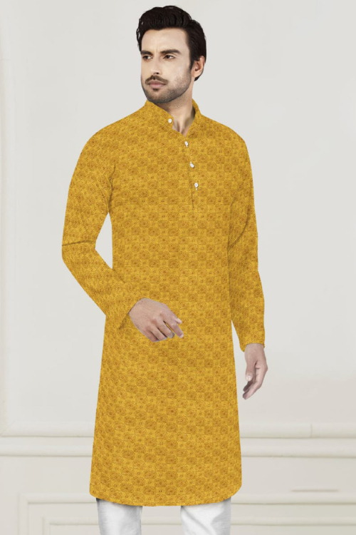 Embroidered Cotton Mustard Yellow Men Kurta Pajama