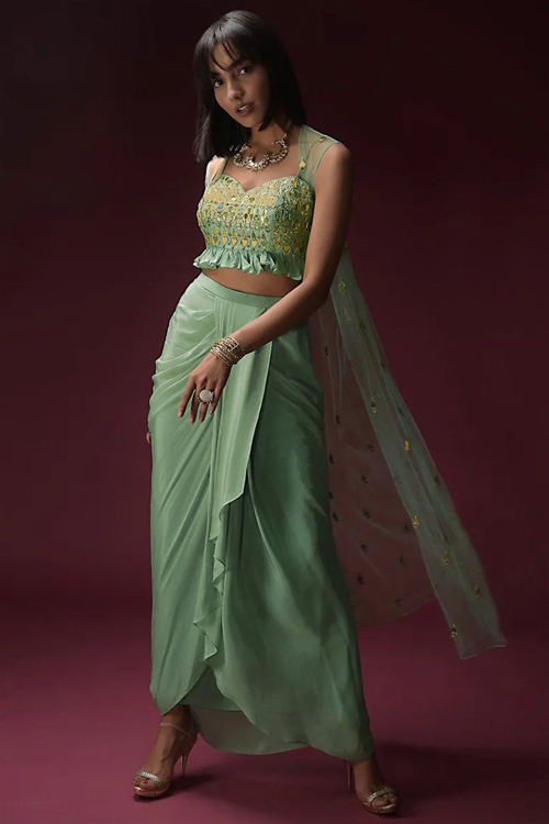 Embroidered Crepe Mint Blue Lehenga