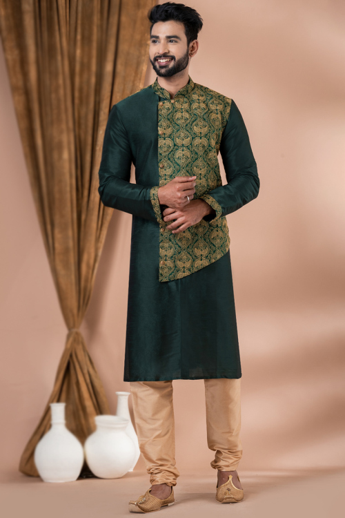 Embroidered Dark Green Dupion Silk Men's Kurta Churidar 