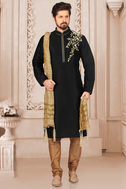 Embroidered Dupion Silk Black Men&#039;s Kurta Churidar