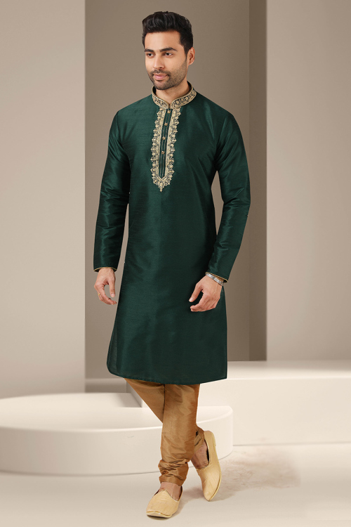 Embroidered Dupion Silk Bottle Green Men's Kurta With Churidar