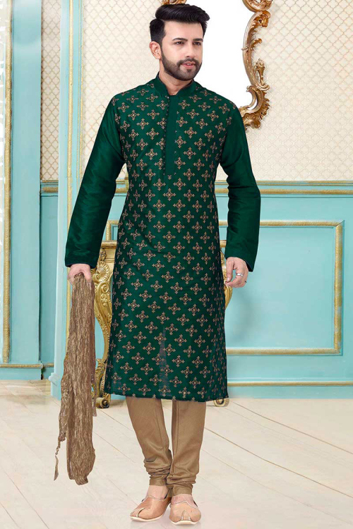 Embroidered Dupion Silk Bottle Green Men's Kurta Churidar