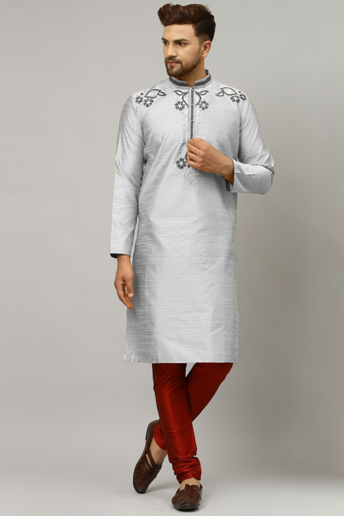 Embroidered Dupion Silk Silver Men Kurta