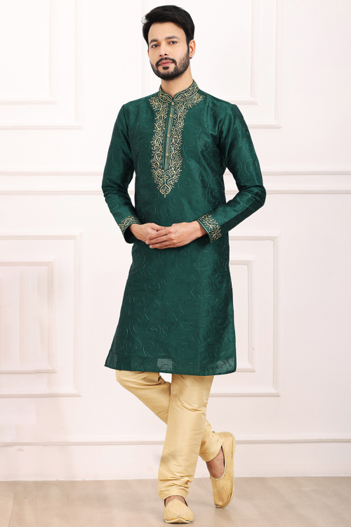 Embroidered Dupion Silk Teal Green Side Slit Men's Kurta Pajama