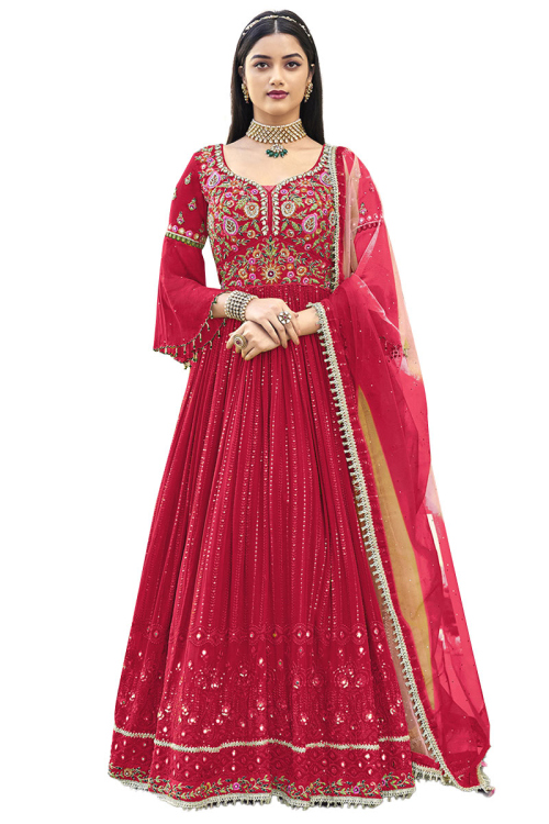 Embroidered Georgette Anarkali Suit In Red