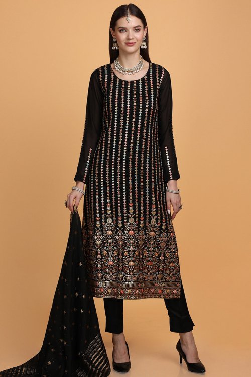 Thread Work Wedding Wear Trouser Suit in Black Georgette