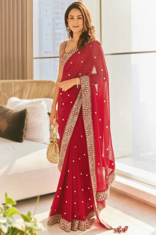 Embroidered Georgette Cherry Red Light Weight Saree for Wedding & Party