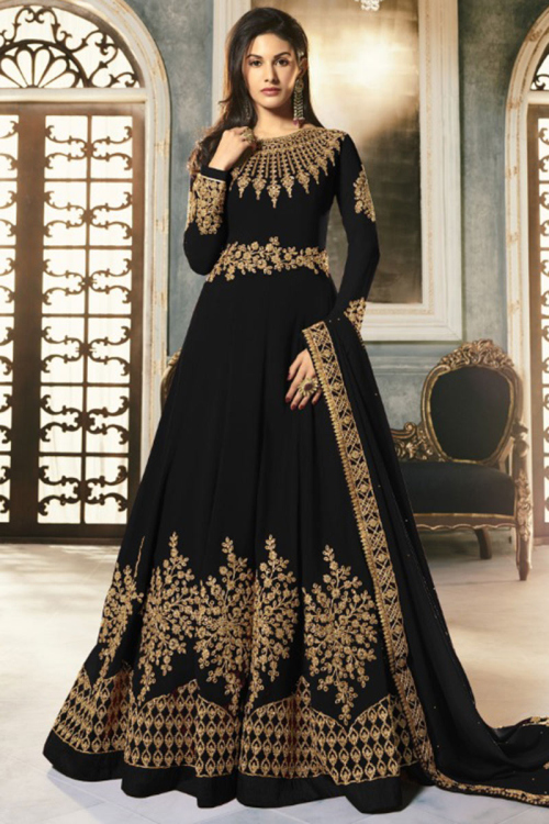 Embroidered Georgette Dark Black Wedding Anarkali Suit with Churidar