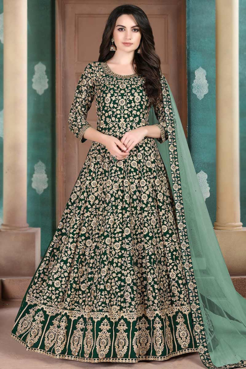 Floor Length Anarkali Suit in Georgette Dark Green for Sangeet
