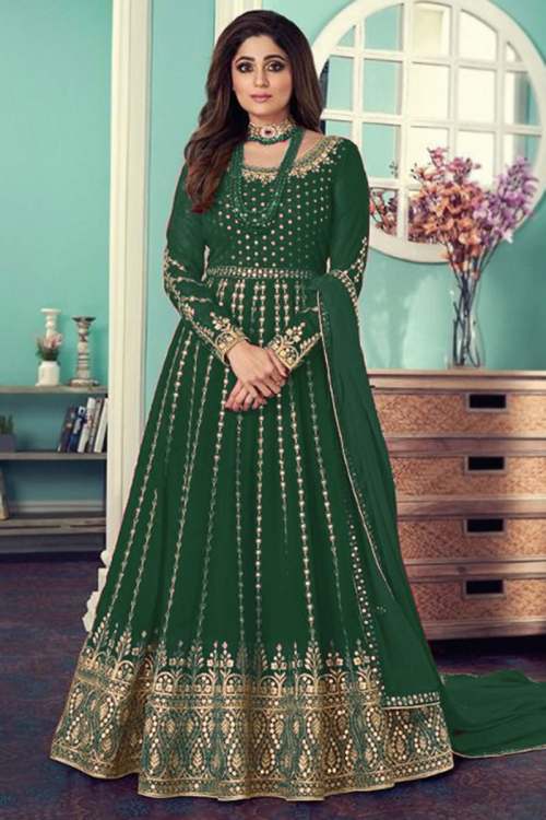 Wedding Wear Resham Work Anarkali Suit in Georgette Dark Green