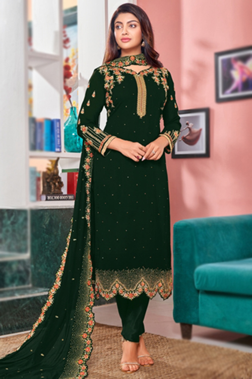 Georgette Dark Green Patch Embroidered Wedding Wear Trouser Salwar Kameez