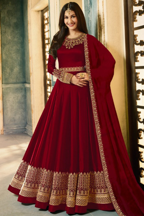 Embroidered Georgette Deep Red Wedding Anarkali Suit with Churidar