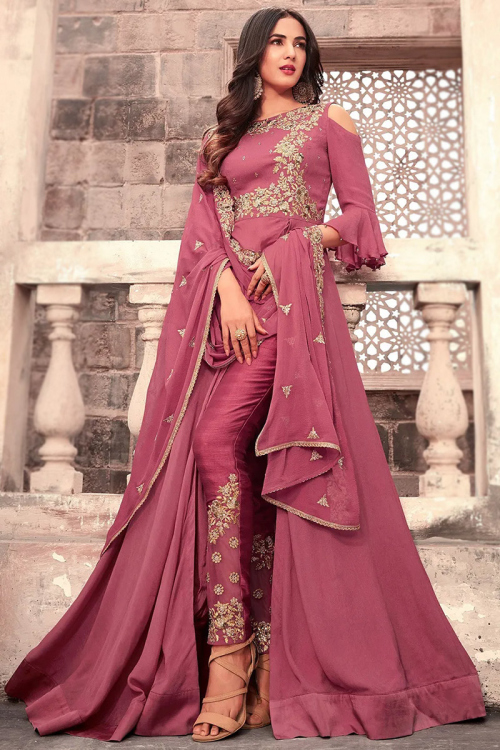 Sangeet Zari Embroidered Wedding Anarkali Suit in Georgette Dusty Pink