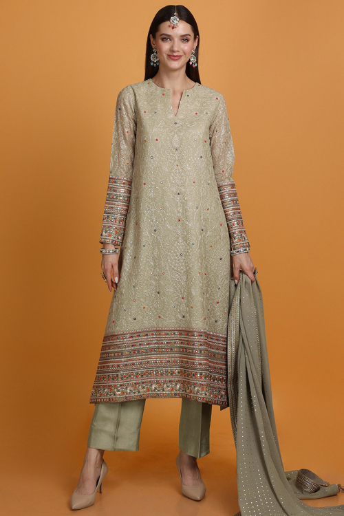 Embroidered Georgette Greenish Grey Pakistani Suit for Wedding & Party