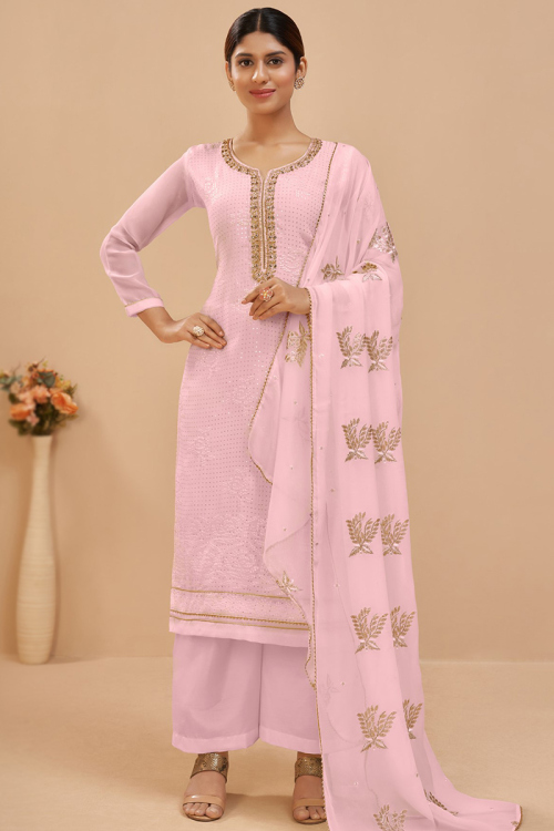 Embroidered Georgette Light Pink Indian Style Palazzo Suit