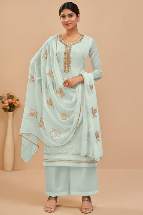 Embroidered Georgette Mint Blue Palazzo Suit