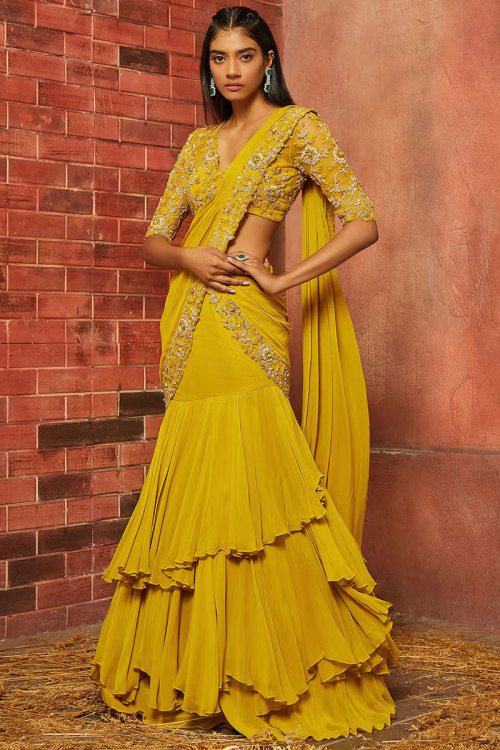 Embroidered Georgette Mustard Yellow Indo Western Saree