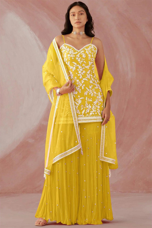 Sequins Embridered Georgette Mustard Yellow Sharara Suit for Wedding & Party