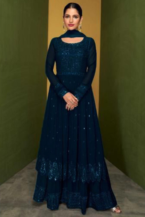 Party Wear Resham Work Sharara Suit in Georgette Prussian Blue