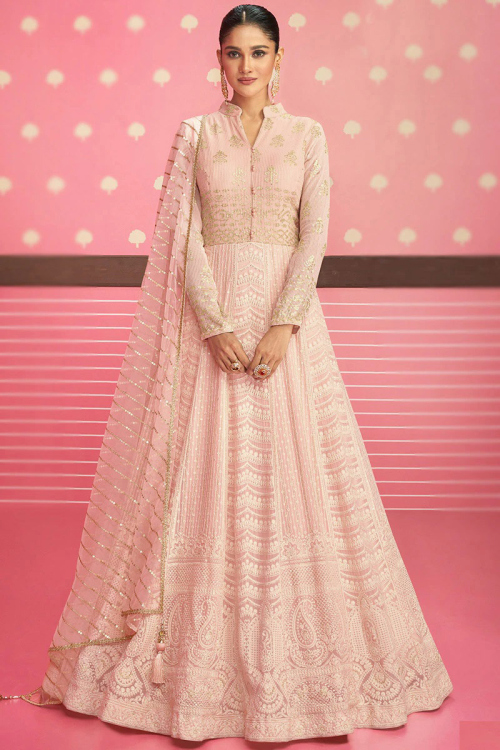 Georgette Anarkali Suit with Zari Work in Salmon Peach for Wedding & Party