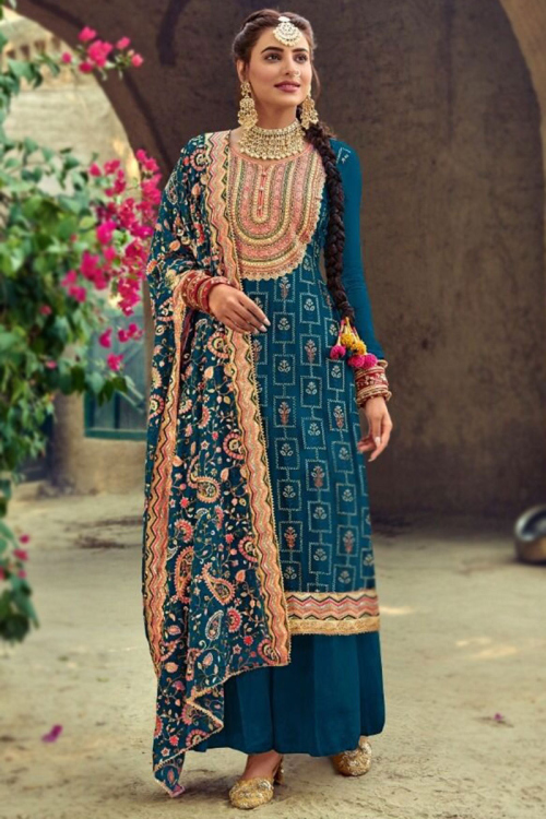 Embroidered Georgette Sea Blue Palazzo Suit for Wedding & Party