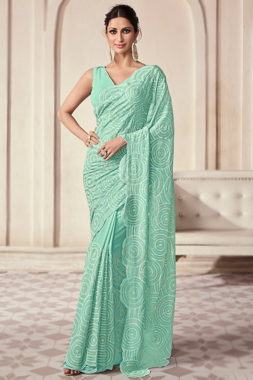 Embroidered Georgette Seafoam Green Heavy Saree