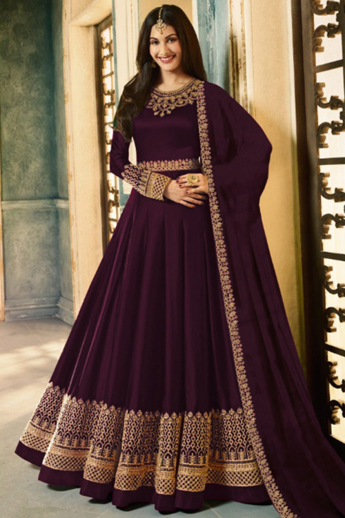 Embroidered Georgette Wine Maroon Wedding Anarkali Suit with Churidar