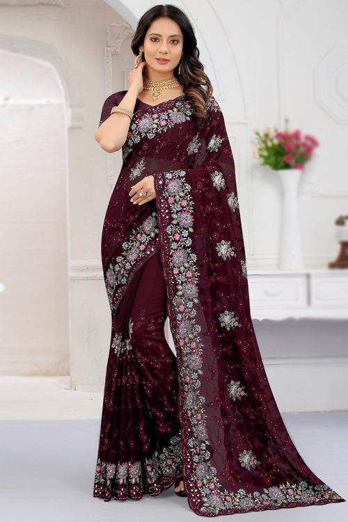 Saree for Party Wear in Georgette Wine Maroon with Stone Work