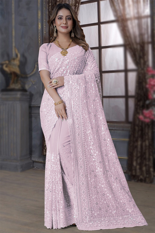 Embroidered Lavender Purple Fancy Georgette Saree 