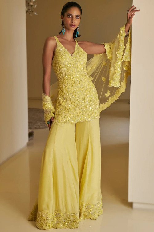Embroidered Light Yellow Net Straight Cut Wedding Sharara Suit