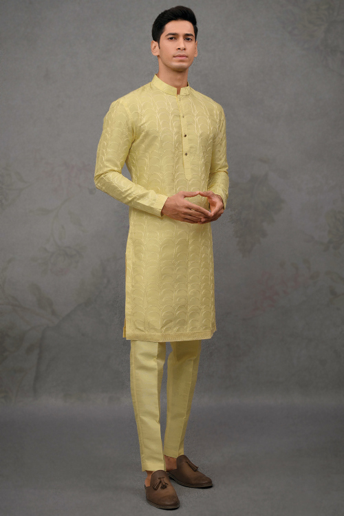 Embroidered Light Yellow Silk Straight Cut Men's Kurta Pajama