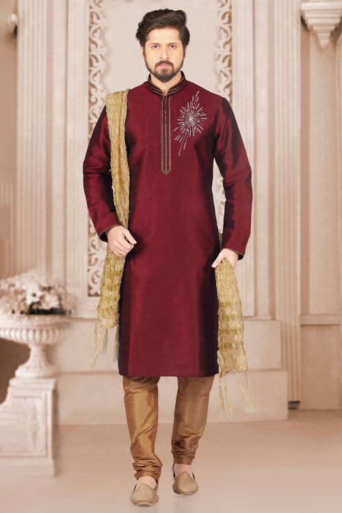 Embroidered Maroon Dupion Silk Men&#039;s Kurta Churidar