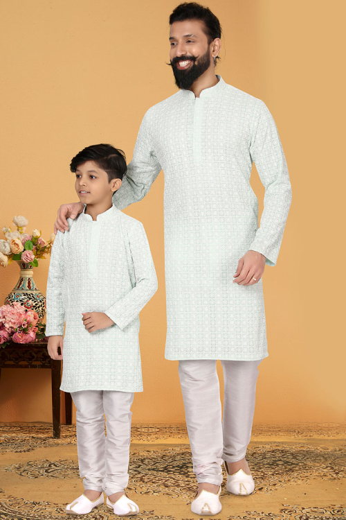 Embroidered Mint Blue Cotton Father Son Duo Kurta With Churidar