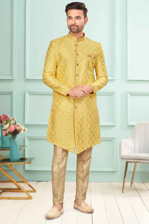 Embroidered Mustard Yellow Art Silk Straight Cut Men's Sherwani