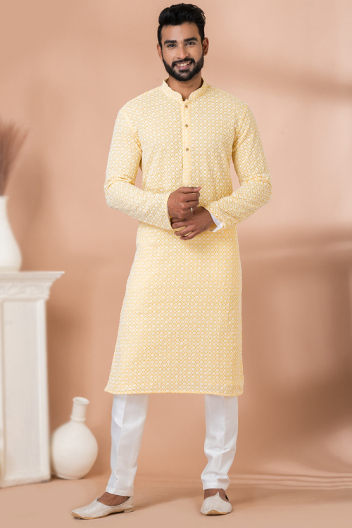 Embroidered Mustard Yellow Cotton Men's Kurta Pajama 