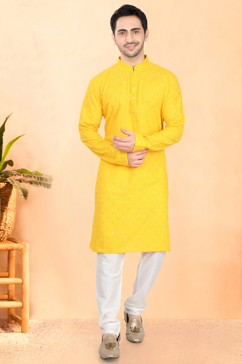 Embroidered Mustard Yellow Cotton Silk Men’s Kurta Churidar