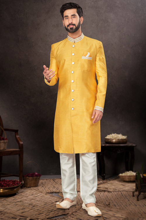 Embroidered Mustard Yellow Dupion Silk Straight Cut Men's Sherwani