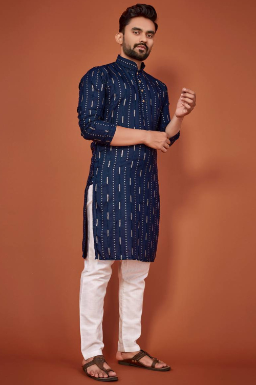 Embroidered Navy Blue Straight Cut Men's Kurta Pajama