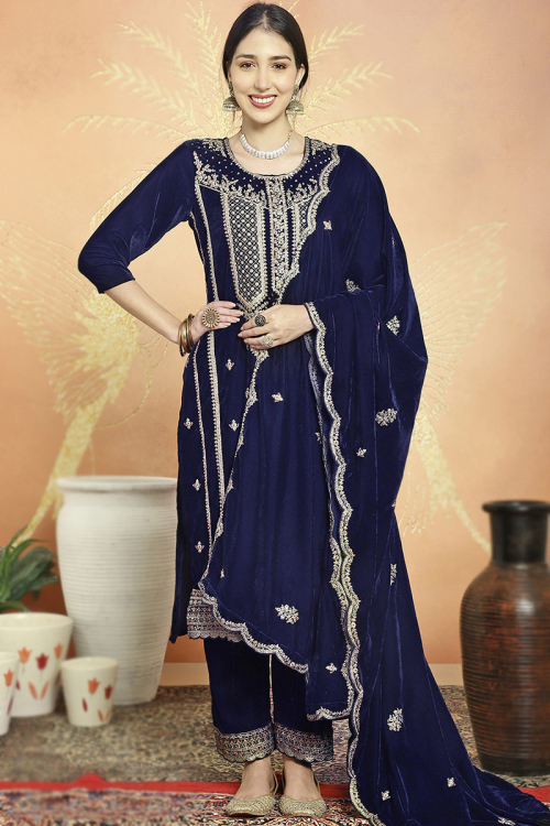 Navy Blue Velvet Straight-Cut Suit with Dori, Sequins & Zari Work