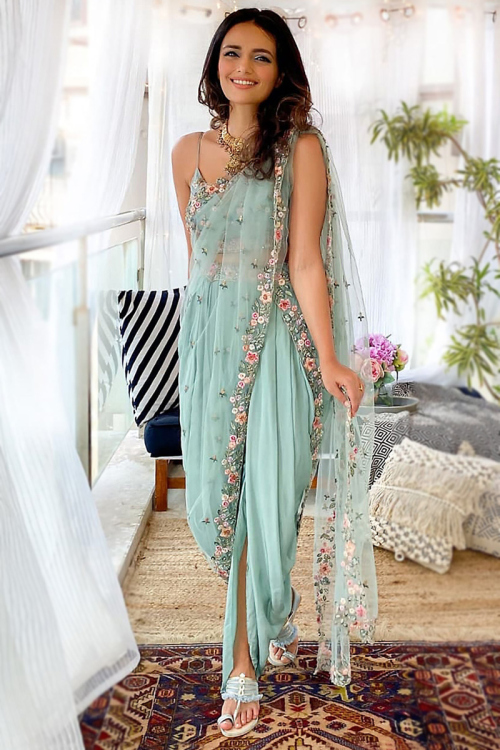 Embroidered Net And Crepe Silk Mint Blue Dhoti Style Saree