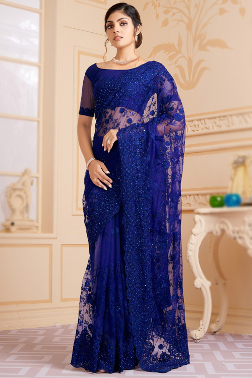 Saree for Party Wear in Net Dark Blue with Resham embroidery