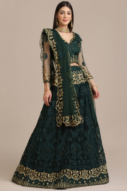 Embroidered Net Dark Green Lehenga for Wedding & Party