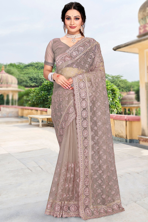 Grey Beige Woven Mehndi Saree in Net