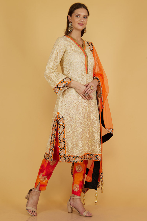Embroidered Net Beige Designer Trouser Salwar Suit for Wedding & Party