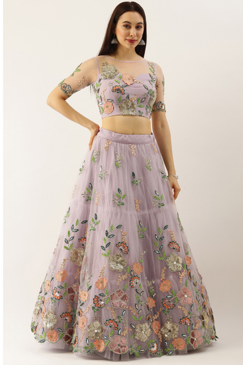Lehenga in Net Light Mauve with Mirror Work for Wedding 